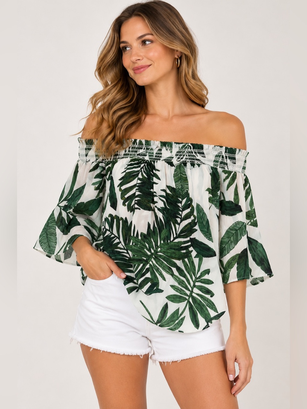 Fifteen Twenty Off-Shoulder Tropical Leaf Print Top - Green & White